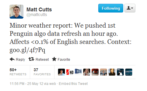 Twitter - Matt Cutts bejelentése a Google Pingvin 1.1-ről