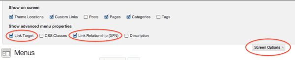 Wordpress admin screen options