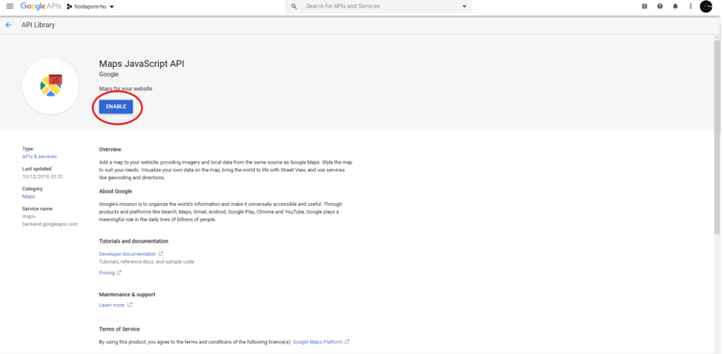 Majd engedélyezd a Maps Javascript API -t