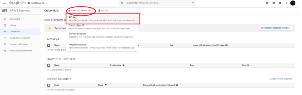 Create Credentials (Hitelesítő adatok létrehozása) fülnél válaszd az API key (API kulcs) -t.