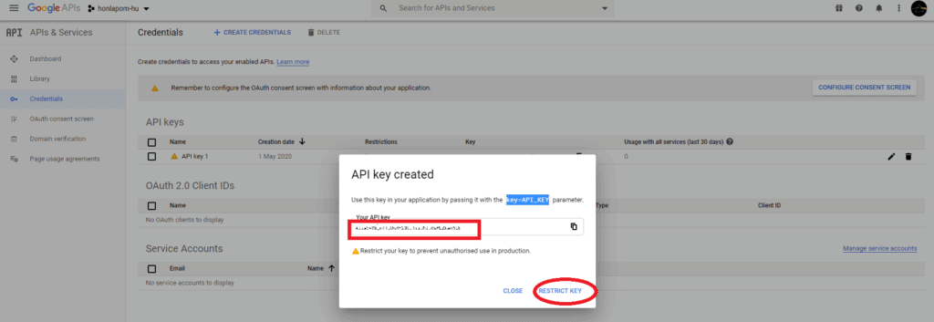 Lehetőséged van az API kulcs (API key) korlátozására is (restrict key)