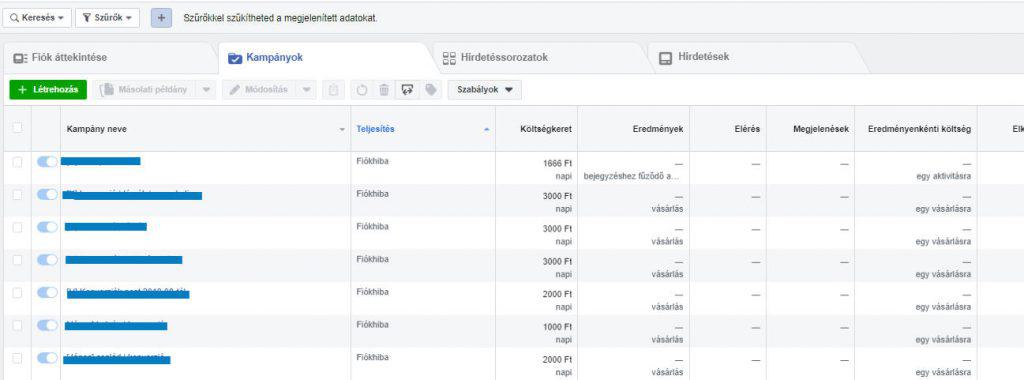 Facebook hirdetési fiókhiba