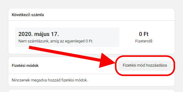 Facebook hirdetéskezelő - Fizetési mód hozzáadása