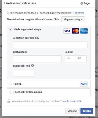 Facebook hirdetéskezelő - fizetési adatok megadása