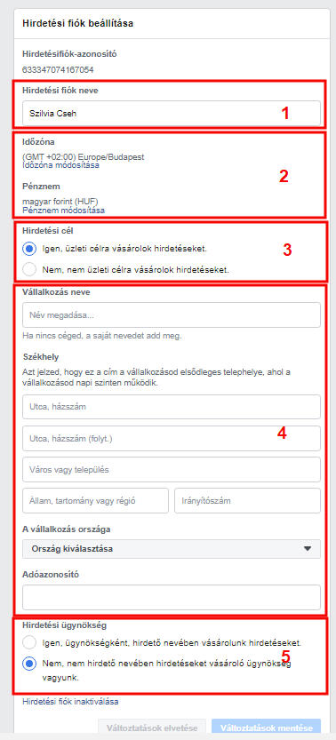 Facebook hirdetéskezelő alapbeállításai