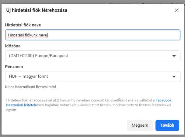 Hirdetési fiók név, időzóna és pénznem beállítása