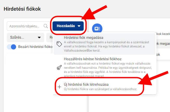 Facebook hirdetéskezelő létrehozása a Business Managerből