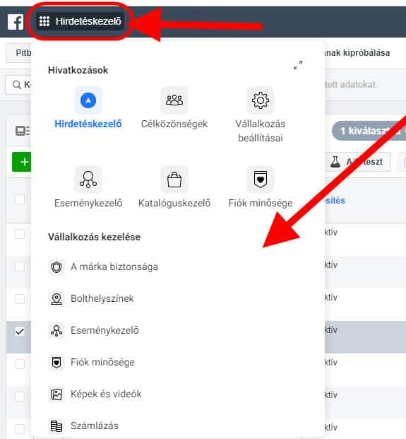 Facebook Üzleti eszközök menü elérhetősége a régi felületen