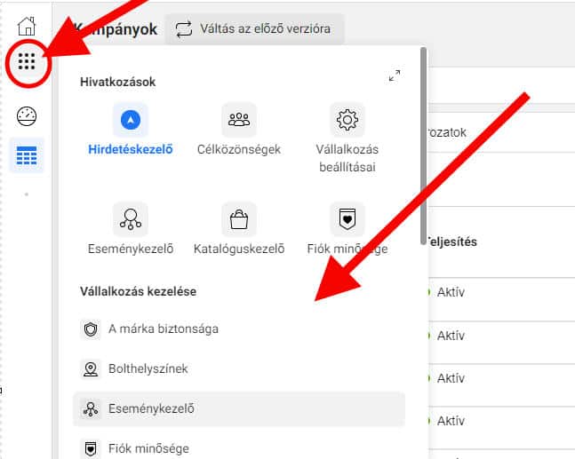 Facebook Üzleti eszközök menü elérhetősége az új felületen