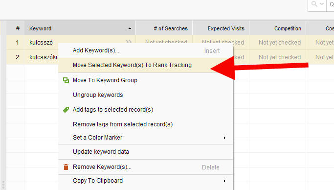 Rank Tracker kulcsszavak áthelyezése a Target Keywordsbe