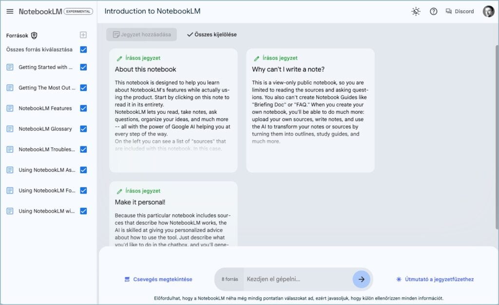 NotebookLM - feltöltött dokumentumok