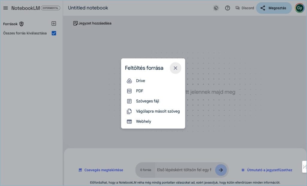 NotebookLM - forrás feltöltés