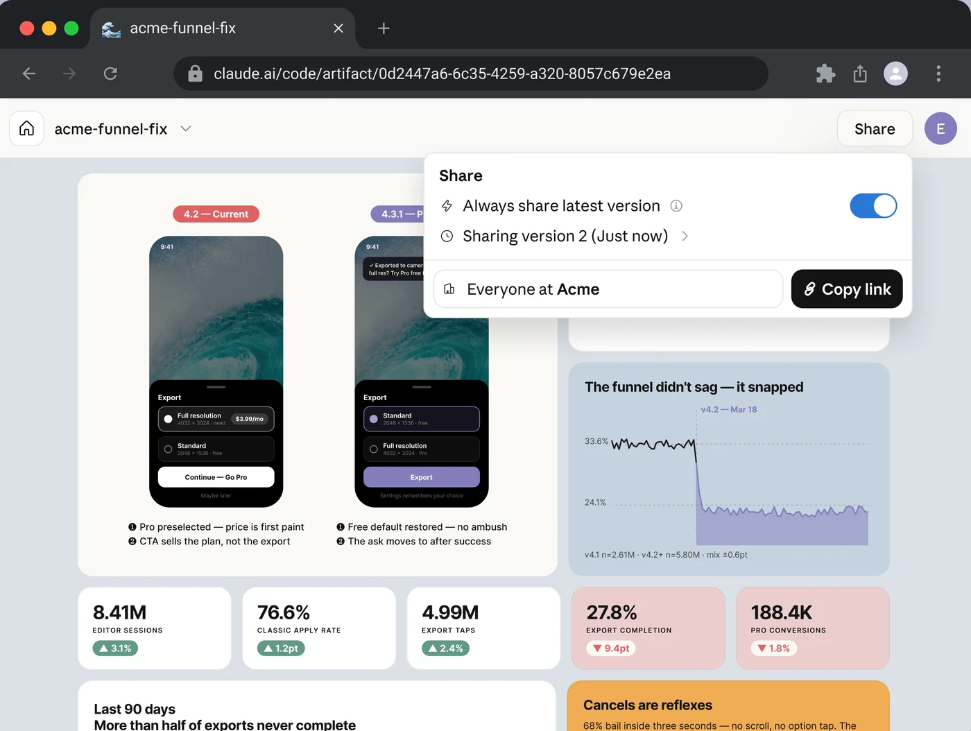 Egy artifact a böngészőben megnyitva, a Share panellel és a Copy link gombbal
