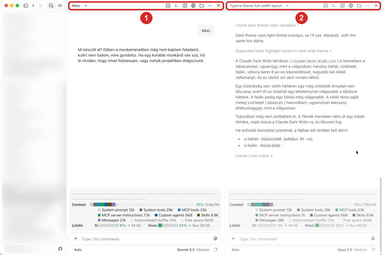 Split view a Claude asztali appban: két munkamenet egymás mellett, 1 a bal, 2 a jobb panel fejléce