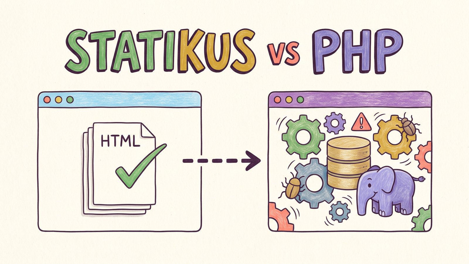 Színes, kézzel rajzolt illusztráció: STATIKUS vs PHP felirat, balra egyszerű HTML-oldalak pipával, jobbra fogaskerekek, adatbázis, bogarak és egy lila elefánt