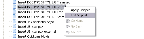 aptana snippets szerkesztése
