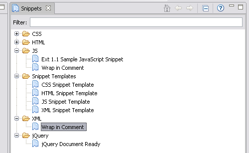 aptana studio snippets view