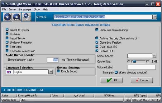 SilentNight Micro CD/DVD/ISO/Audio Burner advanced setting ablaka