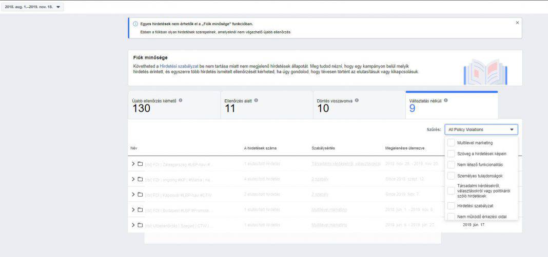 Facebook Account Quality eszköz
