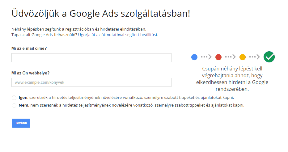 Google Ads fiók létrehozás