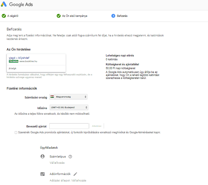 Google Ads fiók létrehozás