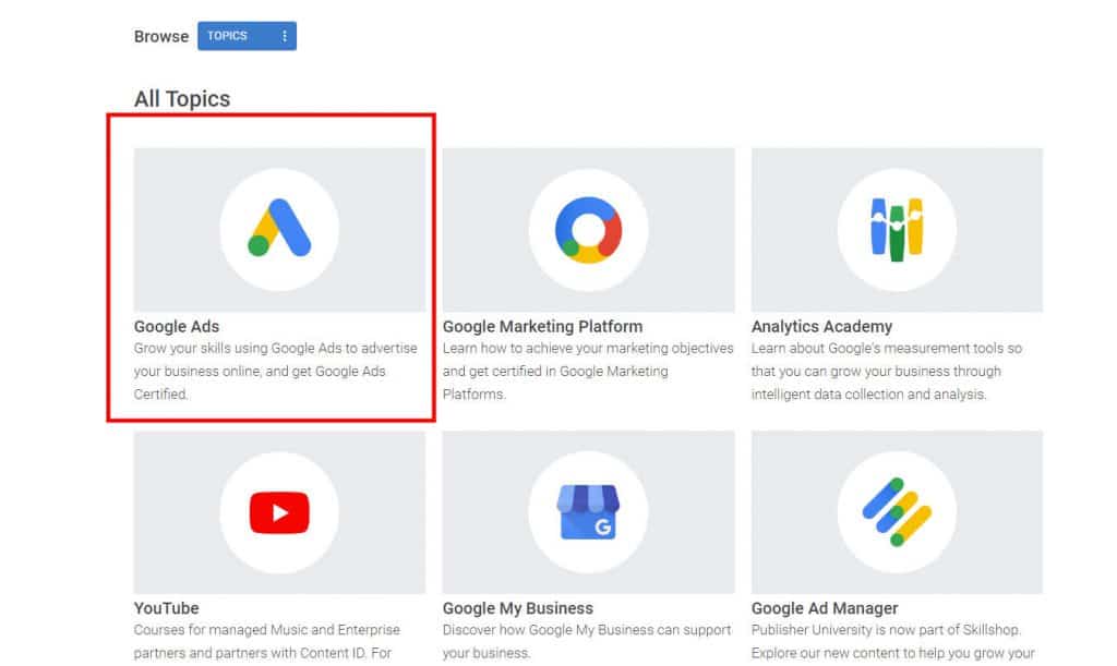Google Skillshop navigáció - Google Ads