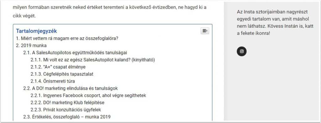 WordPress - tartalomjegyzék plugin kinyitva