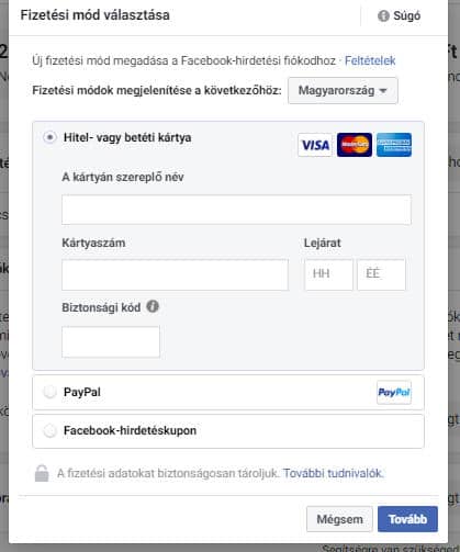Facebook hirdetéskezelő - fizetési adatok megadása