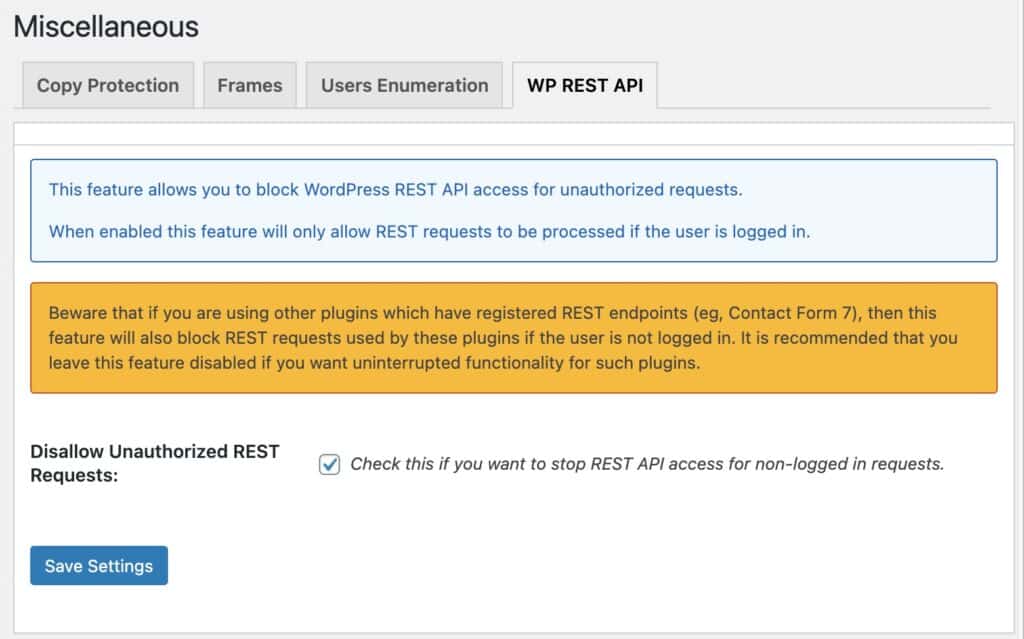 WordPress REST API tiltás - All In One WP Security & Firewall plugin beállítások