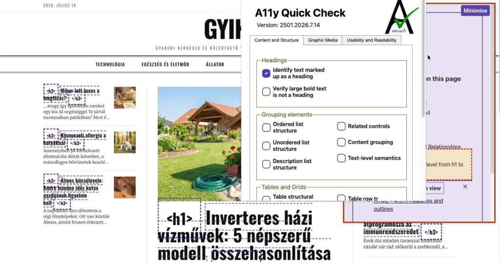 Az A11y Quick Check panelje és a weboldalon megjelölt címsorok.