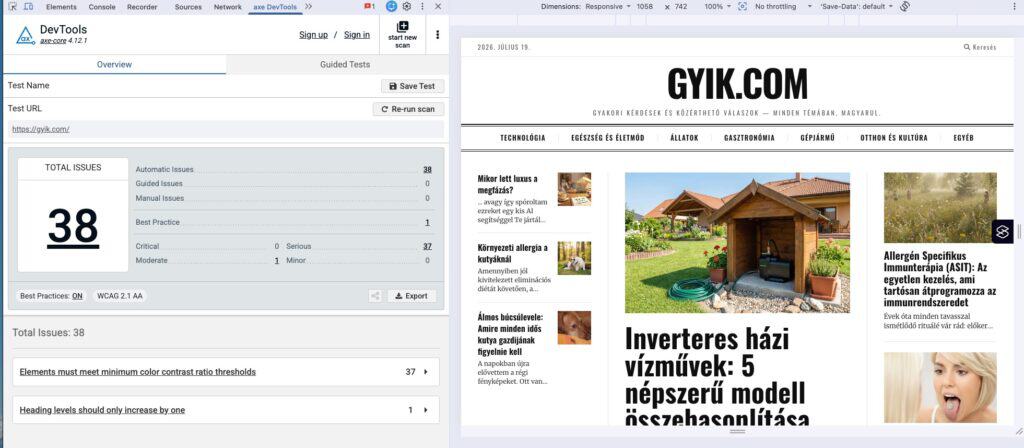 Az axe DevTools panelje Chrome DevToolsban, a vizsgált oldallal és a talált hibák számával.