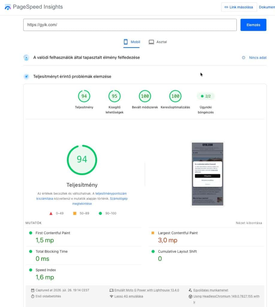 A PageSpeed Insights riportja, benne a Kisegítő lehetőségek pontszámával.
