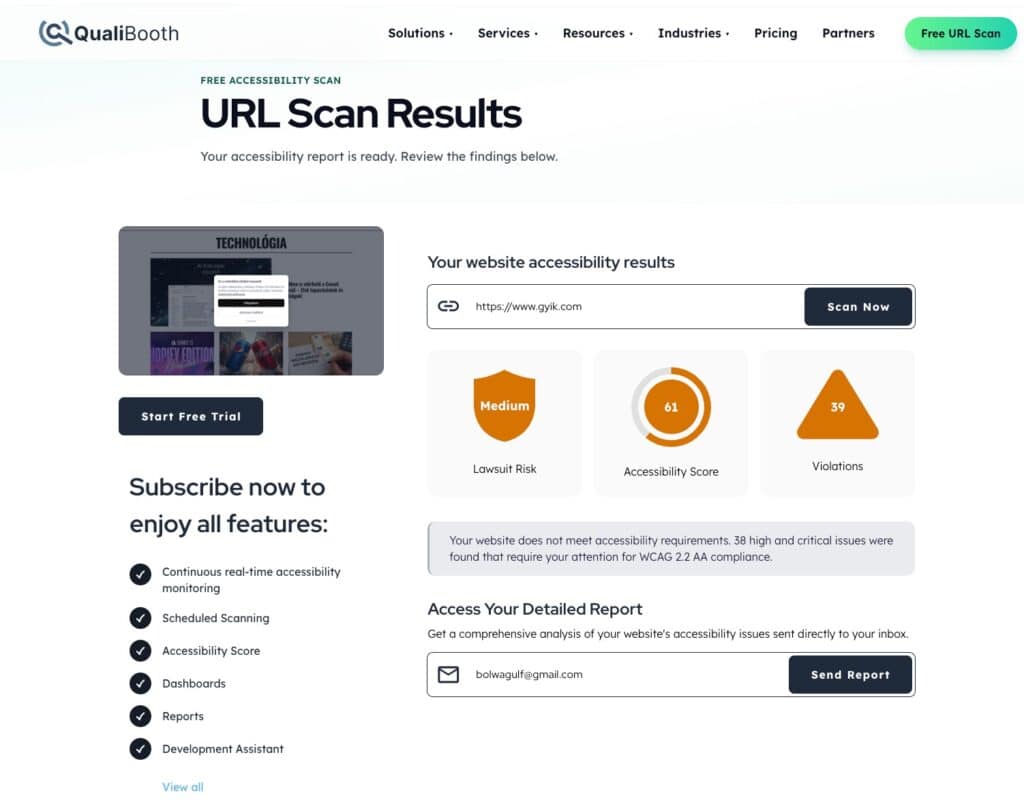 QualiBooth URL Scan Results riport pontszámmal és a talált hibák számával.