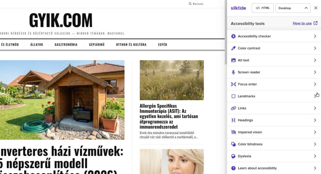 A Silktide Accessibility Checker lebegő panelje a kontraszt, az alt szöveg, a fókuszsorrend és más vizsgálati lehetőségek listájával.