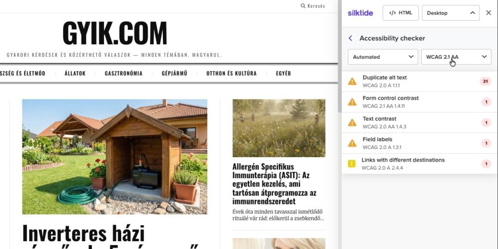 A Silktide automatikus WCAG 2.1 AA ellenőrzése ismétlődő alt szövegre, kontrasztra, mezőcímkére és linkekre vonatkozó hibajelzésekkel.