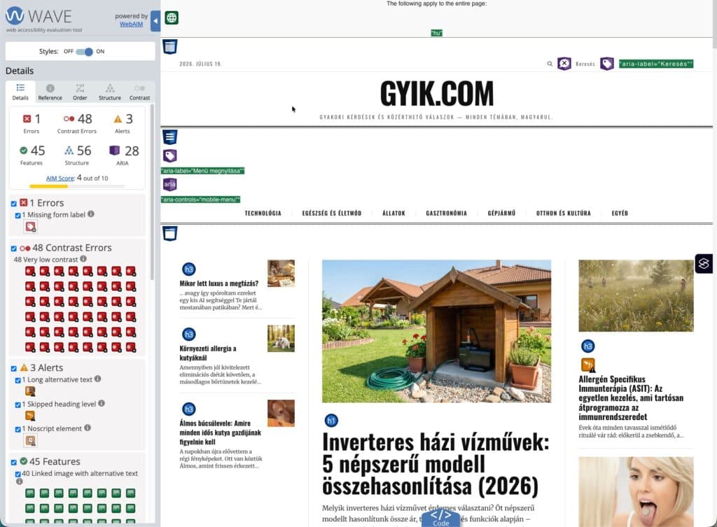 WAVE oldalsáv és a weboldalon elhelyezett accessibility-jelölések.